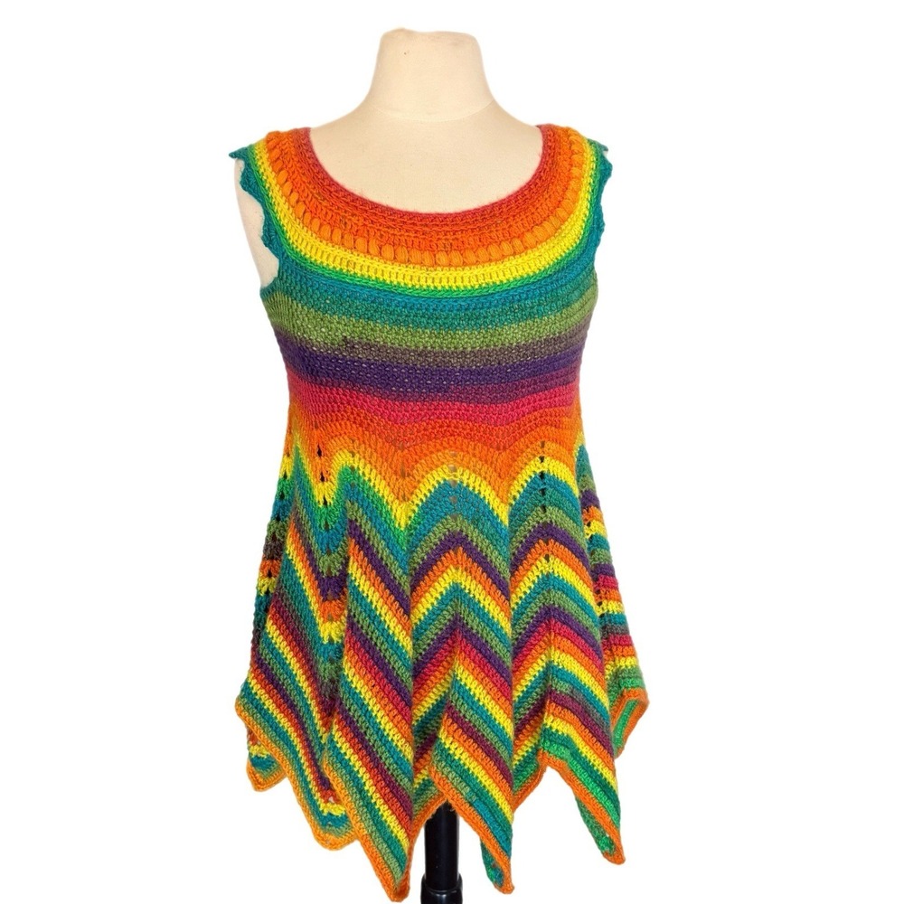 Crochet Top Handmade Rainbow Fairy Bohemian LGBTQ Tunic OOAK Parade Festival M‎
